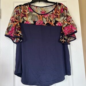 SHEIN Floral Embroidered Navy Top